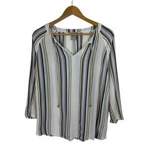 Chico's Striped Blouse Women's 1 (US M) V-Neck‎ Long Sleeve Tunic Coastal Beachy